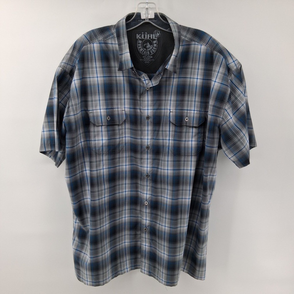 Kuhl Eluxor Shirt Mens XXL Gray Blue Plaid Short Sleeve Button Down Plaid